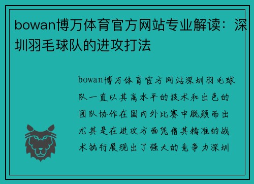 bowan博万体育官方网站专业解读：深圳羽毛球队的进攻打法